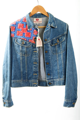 Vintage Denim Jacket with Vintage Hmong Hill Tribe Embroidery