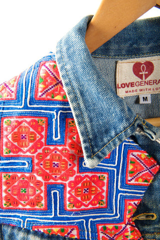 Vintage Denim Jacket with Vintage Hmong Hill Tribe Embroidery